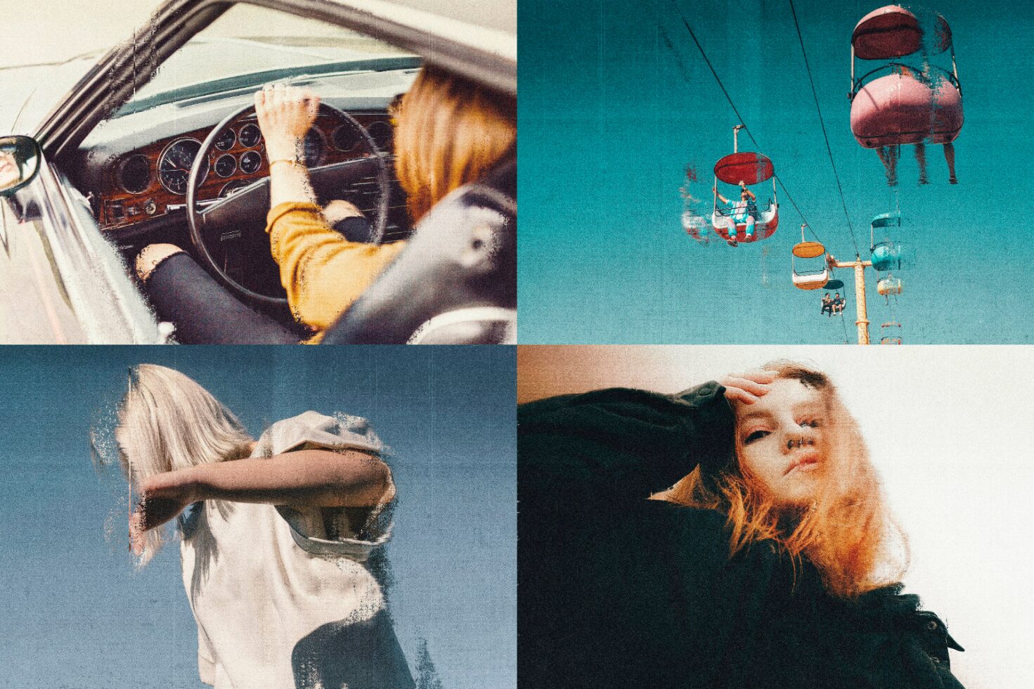 Aesthetic collage displaying retro vibes with a driver, sky ride, dynamic pose, and portrait. Perfect for design inspiration, graphics, mockup use.