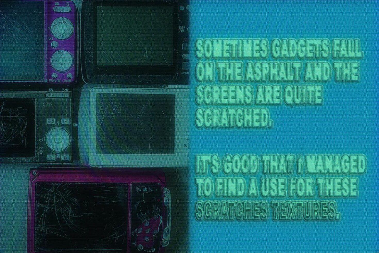 Scratched gadget screens with blue text overlay offer unique scratch textures for digital design use. Ideal for templates and graphic projects.