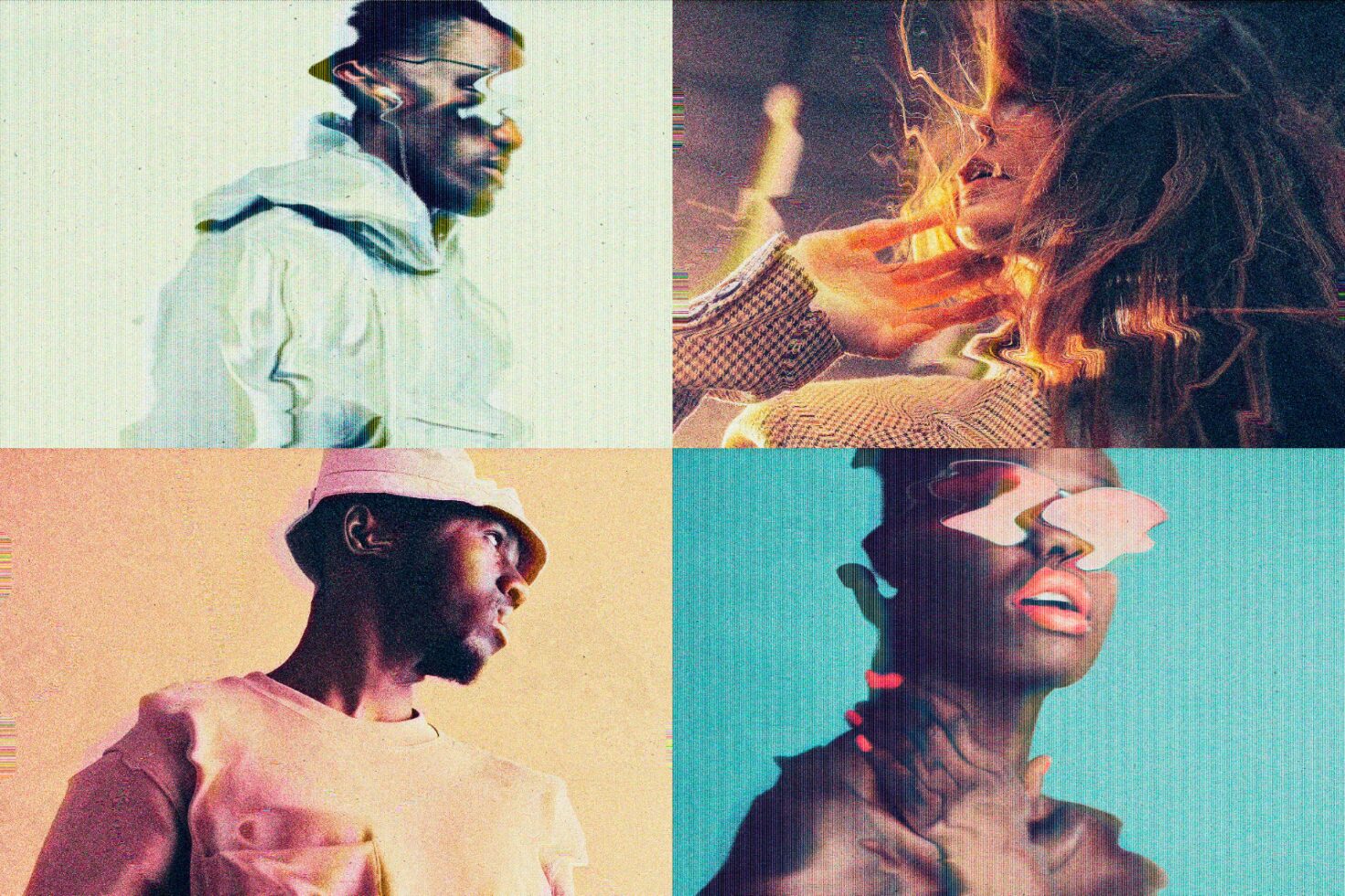 Abstract glitch effect portraits collage featuring diverse people. Digital art graphics ideal for designers. Creative concept, unique textures, modern style.