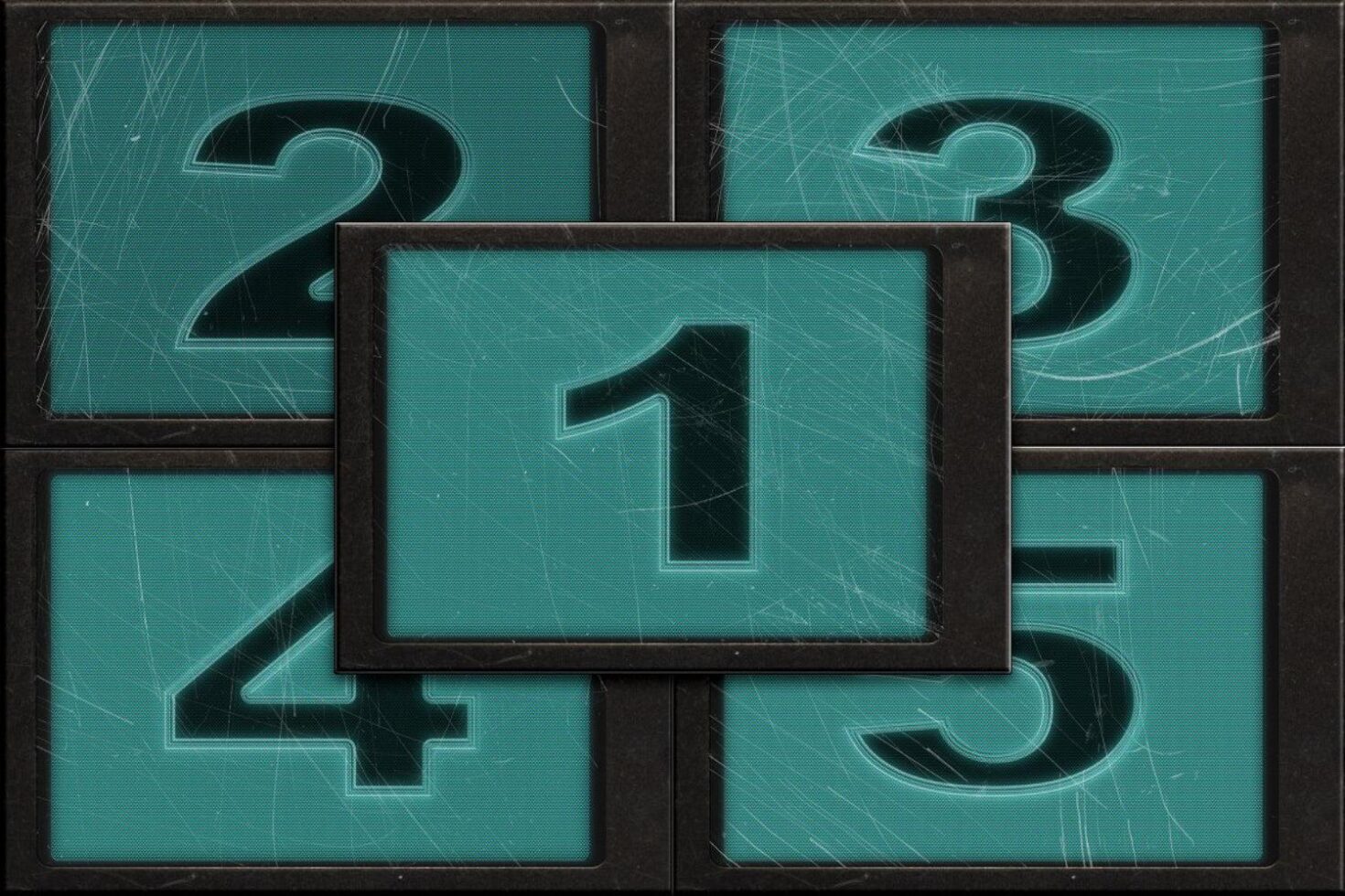 Numerical display graphic featuring scratched teal panels with numbers 1 to 5, ideal for templates, mockups, and typography design assets.