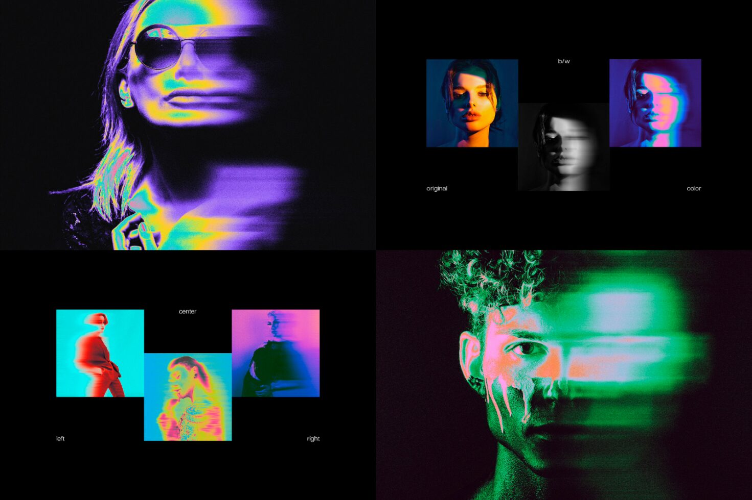 Glitch effect portraits set for designers featuring bold neon colors and abstract distortion. Perfect for graphic design projects or digital art templates.