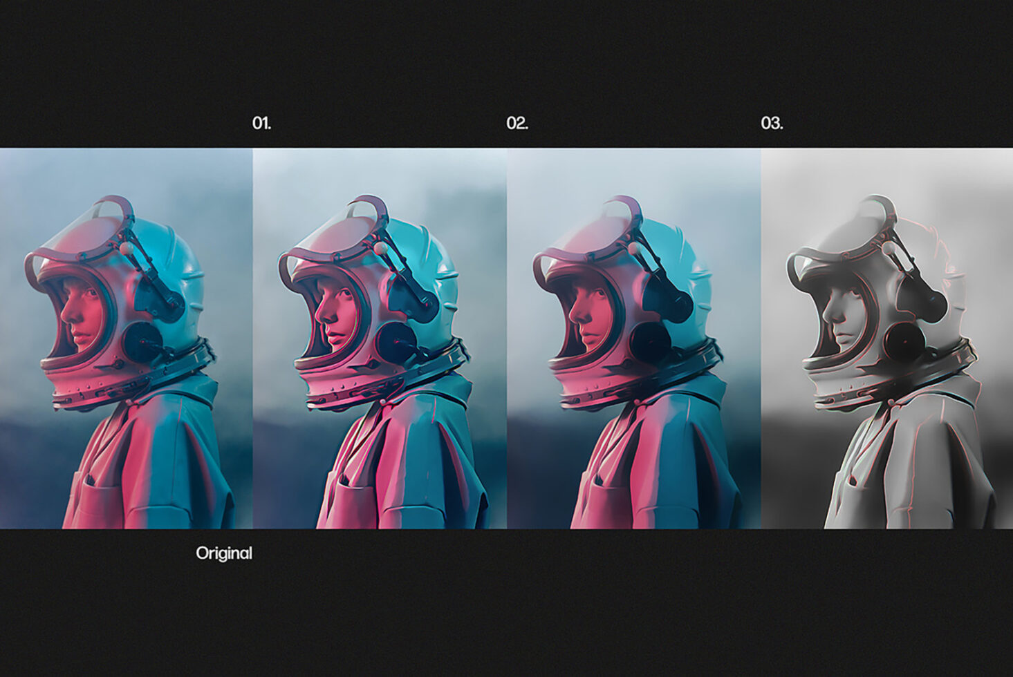 Astronaut profile image with four color variations ideal for designers in graphics mockups templates. Perfect for creative and futuristic projects.