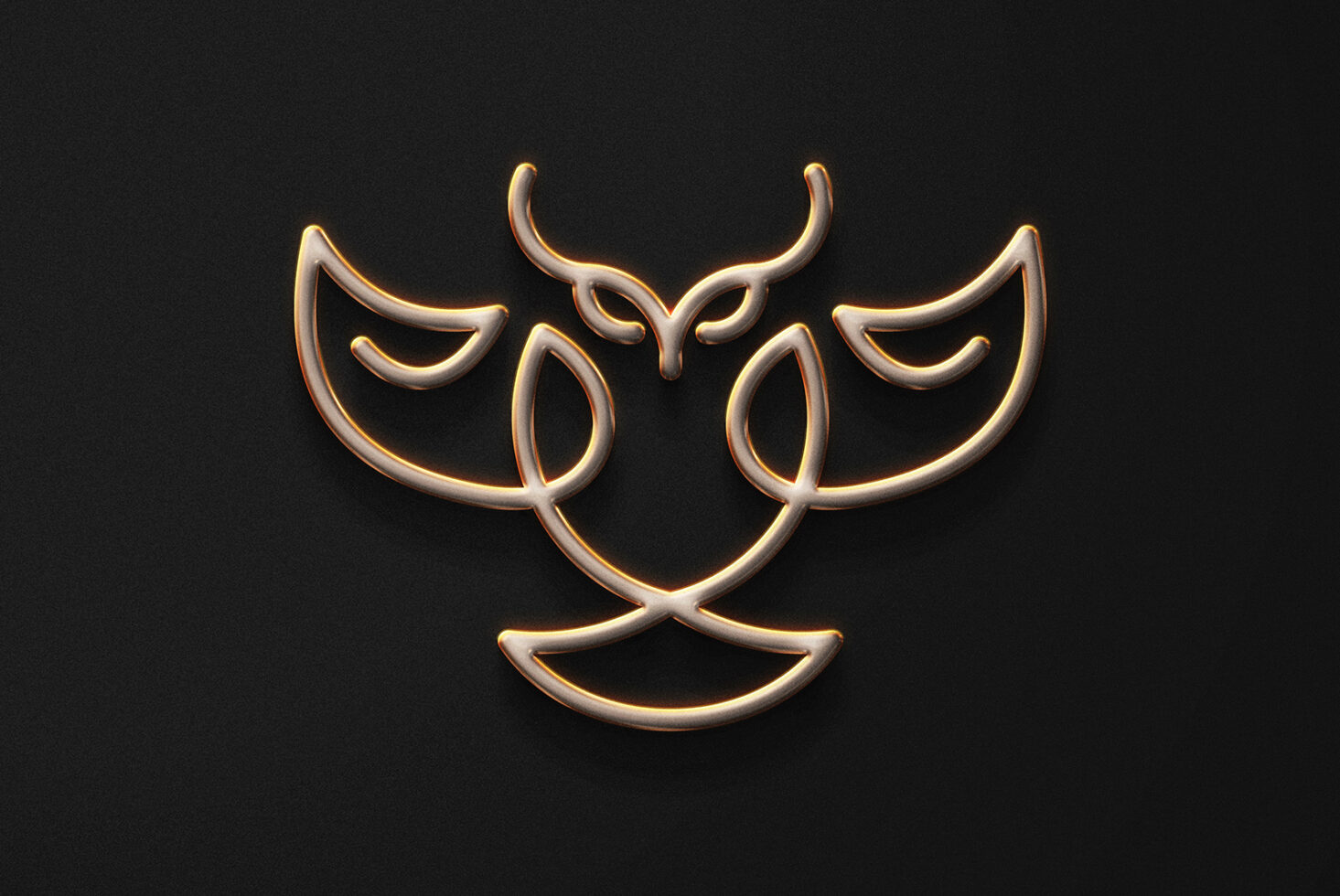 Golden abstract line art logo on a black background suitable for graphic designers. Elegant branding template with ornate design elements highlighting creativity.