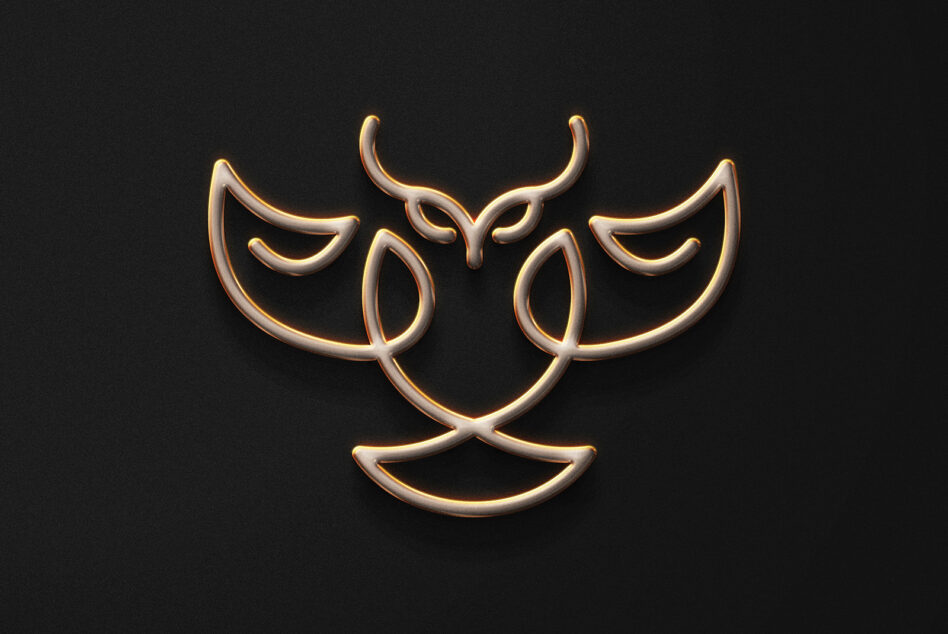 Golden abstract line art logo on a black background suitable for graphic designers. Elegant branding template with ornate design elements highlighting creativity.