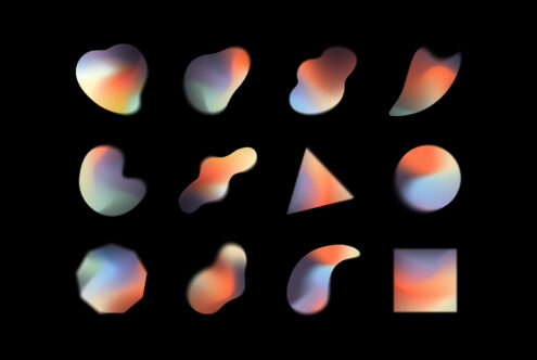 Abstract gradient shapes set on black background for graphic design. Includes colorful blobs, triangle, circle, square. Perfect for modern design templates.