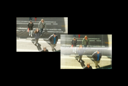 Birds-eye view of people crossing a street in urban setting suitable for mockups or graphic backgrounds highlighting movement and city life.