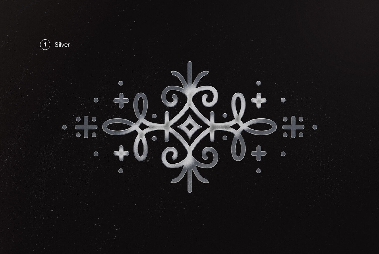 Silver ornamental graphic design on black background. Elegant decorative element suitable for templates and mockups. Ideal for designers seeking unique assets.