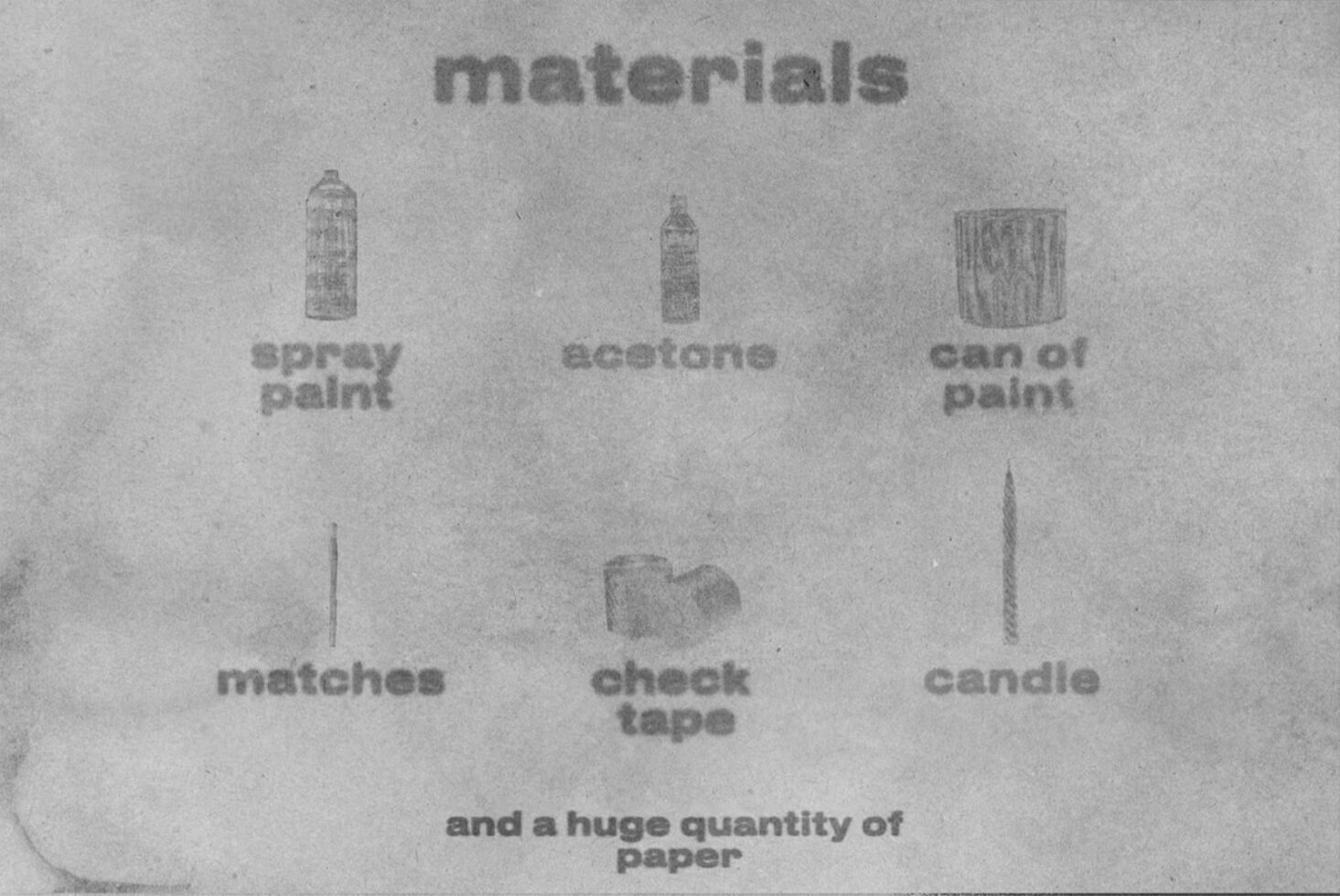 Grunge materials list design featuring images of spray paint acetone paint can matches tape candle on textured paper background for graphic templates.