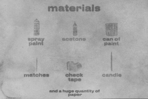 Grunge materials list design featuring images of spray paint acetone paint can matches tape candle on textured paper background for graphic templates.