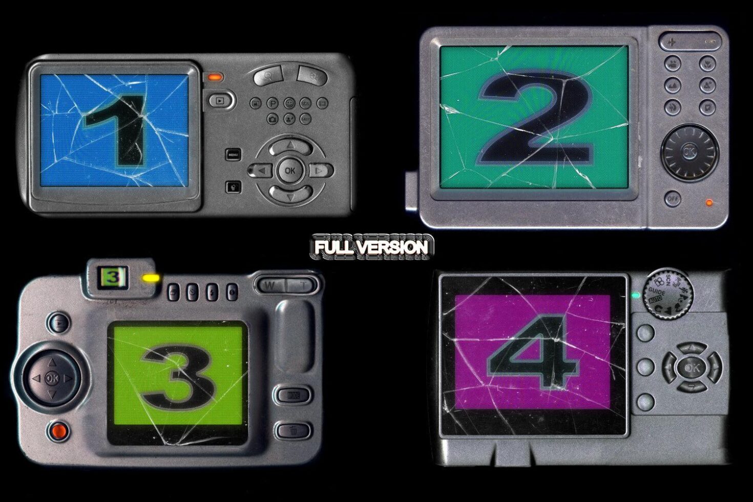 Digital camera mockup showing four variations with cracked screens displaying numbers one to four. Ideal for designers seeking creative graphic templates.