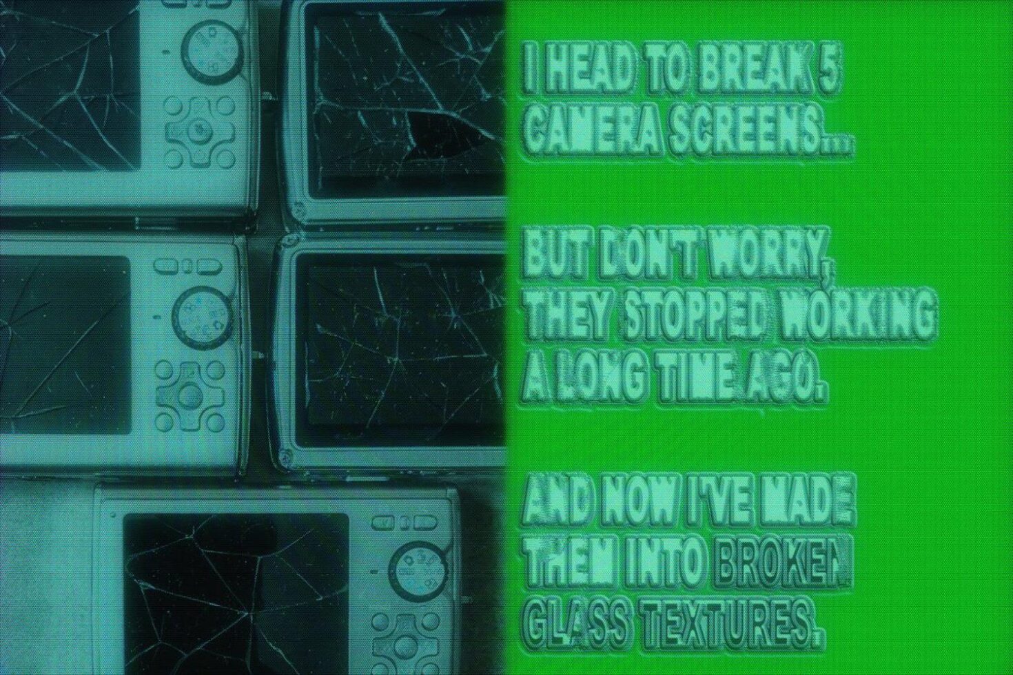 Broken camera screens turned into digital textures with green background. Ideal for graphic design projects, textures, and creative mockups.