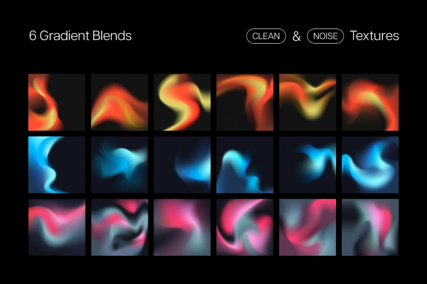 Set of 18 abstract gradient textures in various vibrant colors for digital design. Clean and noise options included. Ideal for graphics and templates.