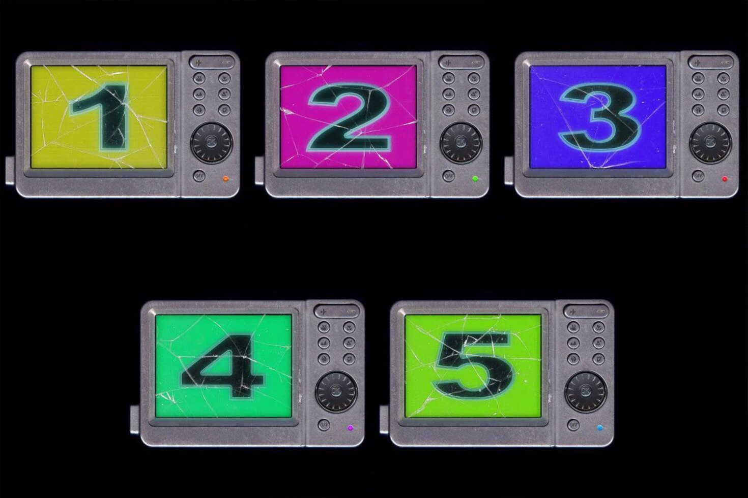 Colorful number displays on vintage television screens; vibrant hues and cracked textures, perfect for retro design mockups and graphic projects.