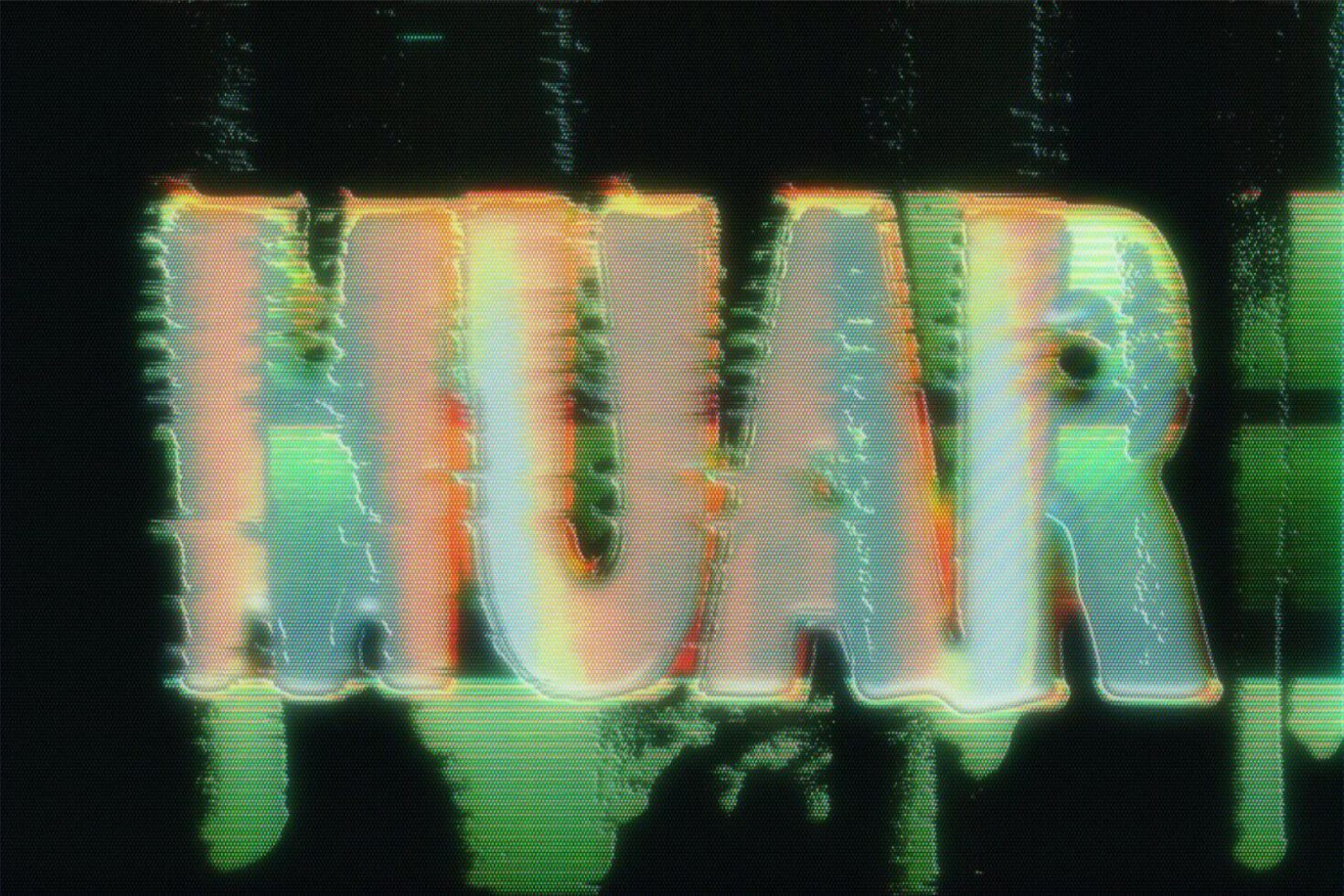 Retro glitch text effect with vibrant neon colors and distorted letterforms suitable for digital art graphic templates and font design mockups.