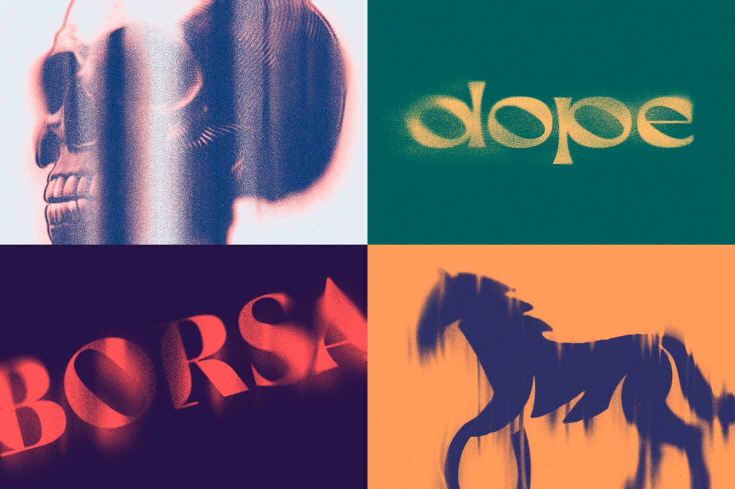 Four abstract designs: a skull, stylized text dope borsa, and a horse. Vibrant colors and unique textures. Perfect for graphics and digital design assets.