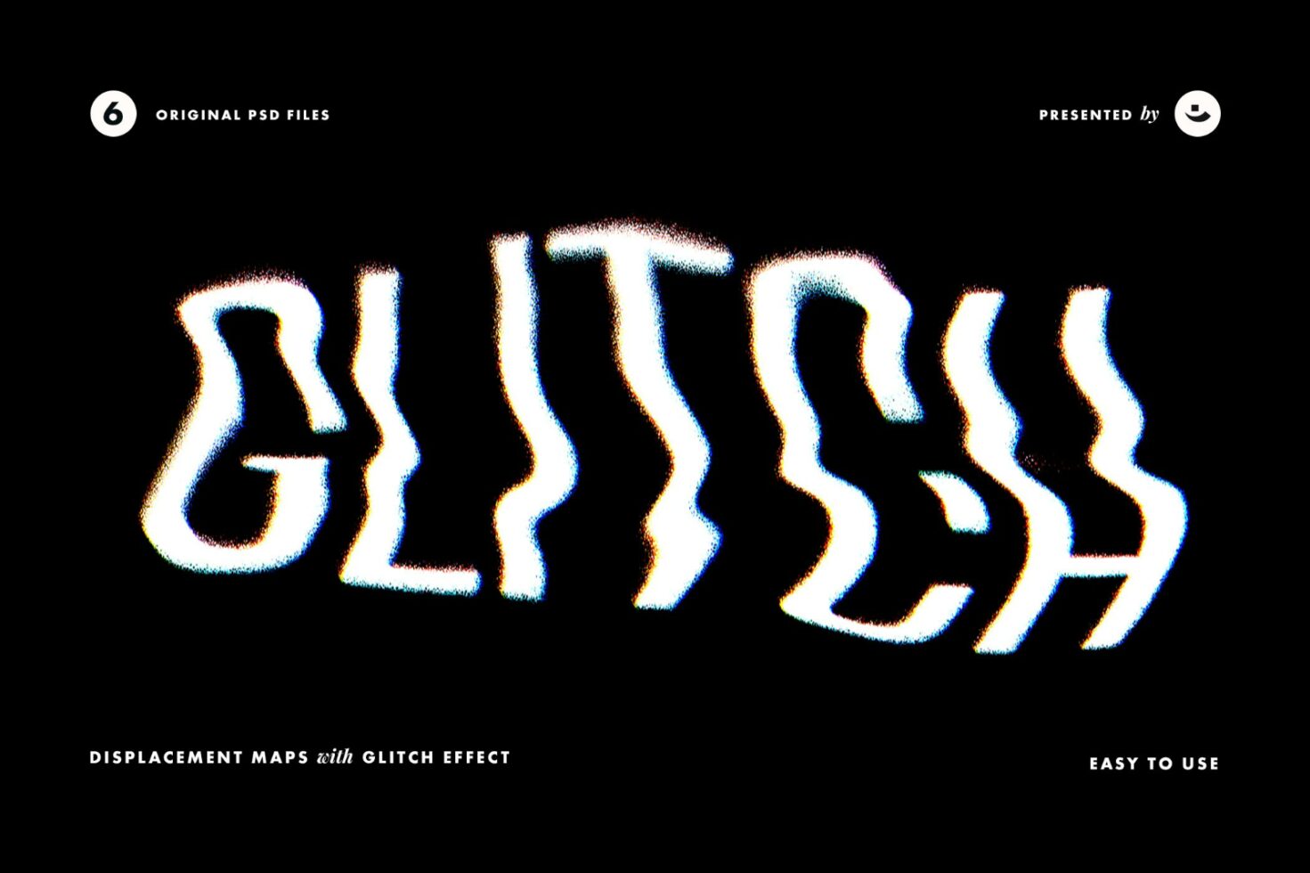 Typography design with glitch effect displaying Glitch in distorted text. Ideal for digital artists and designers. Keywords: typography, glitch, design assets.