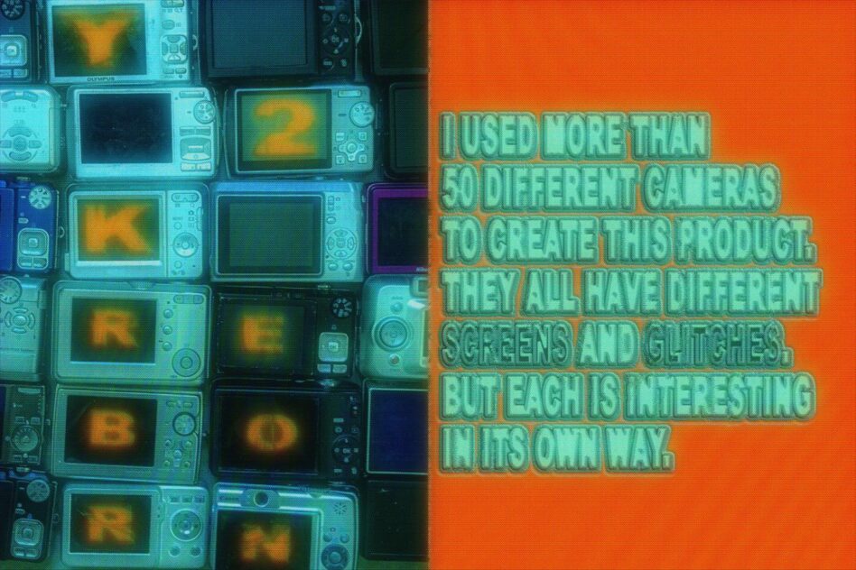 Digital cameras with glitch screens form a vintage tech graphic. Orange background with text adds retro-futuristic design. Perfect for templates.