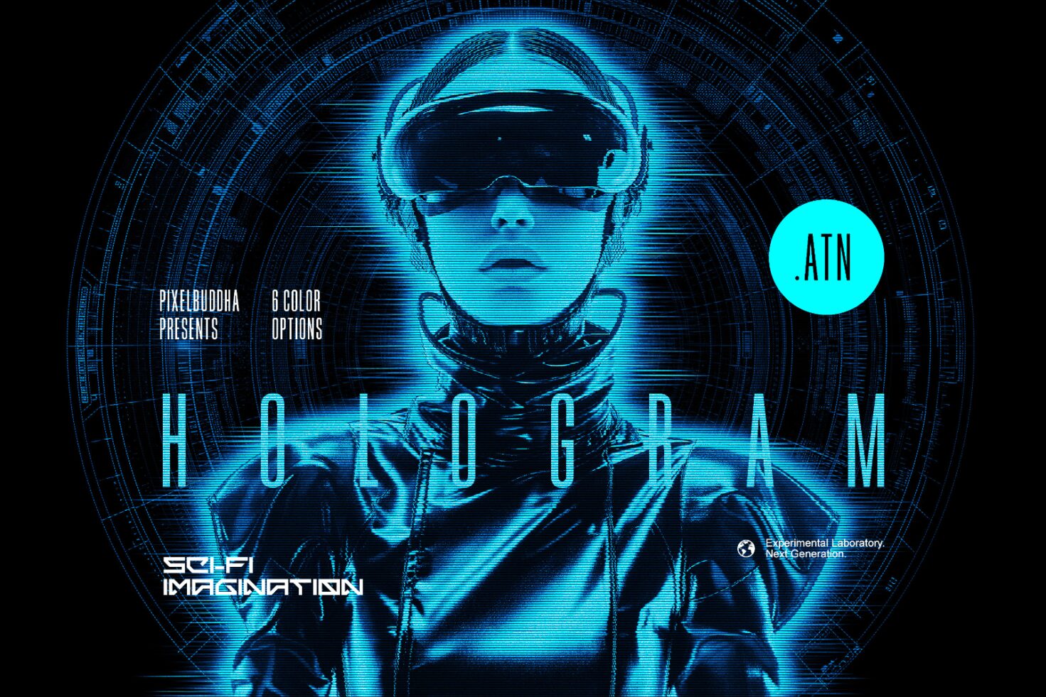 Sci-fi hologram effect with futuristic typography and glowing blue visuals. Ideal for digital graphics and templates, offering six color options for designers.