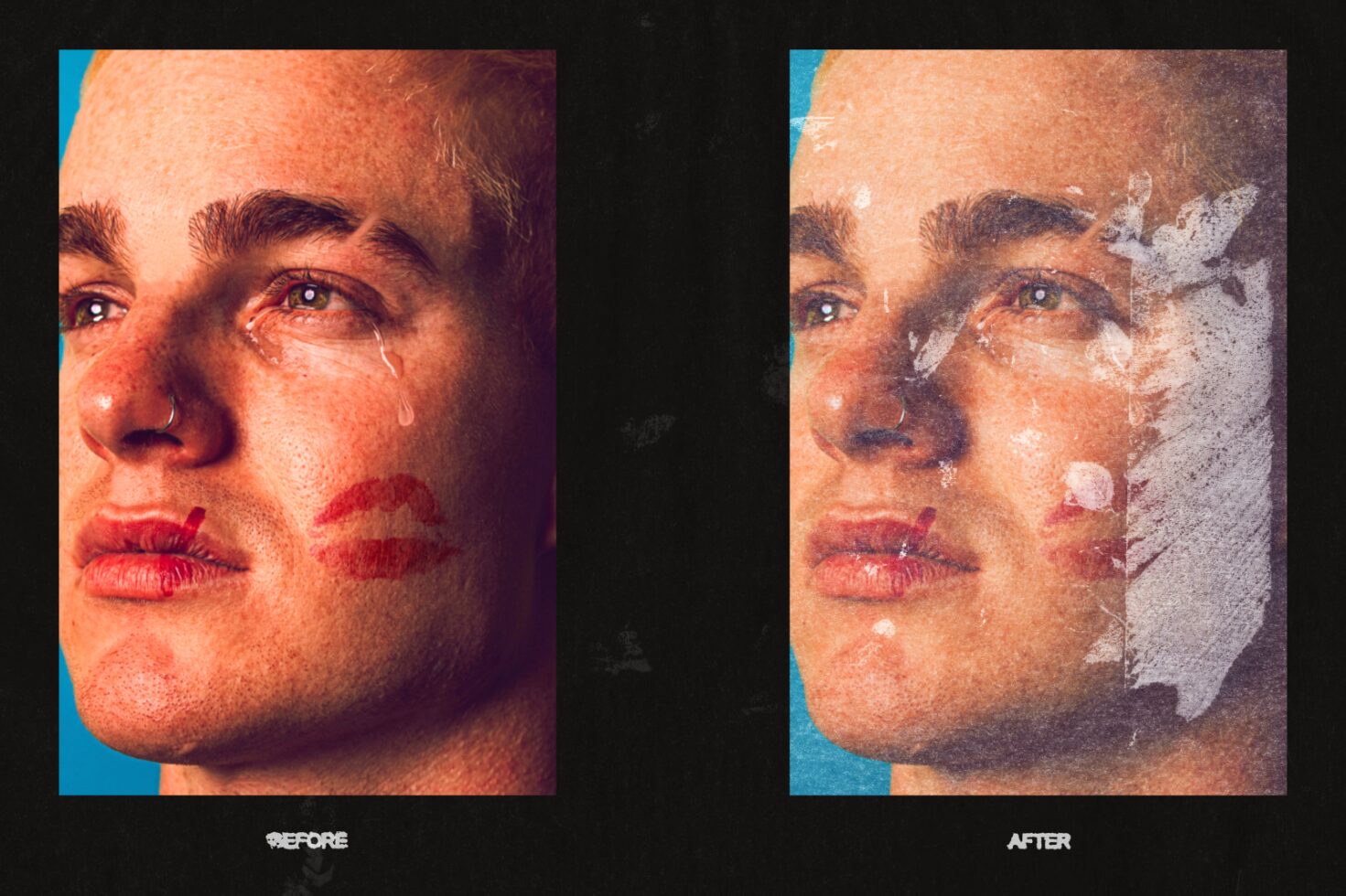 Before and after photo editing comparison; features a face with lipstick marks and tears; useful for graphic designers; digital asset for mockups and templates.