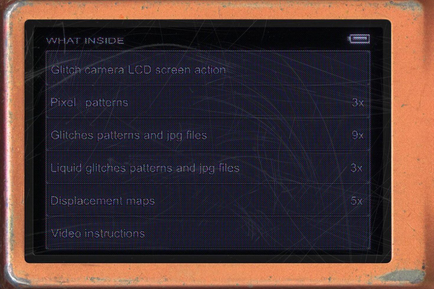 Glitch camera LCD screen with pixel patterns and jpg files featuring displacement maps and video instructions for creative design projects.