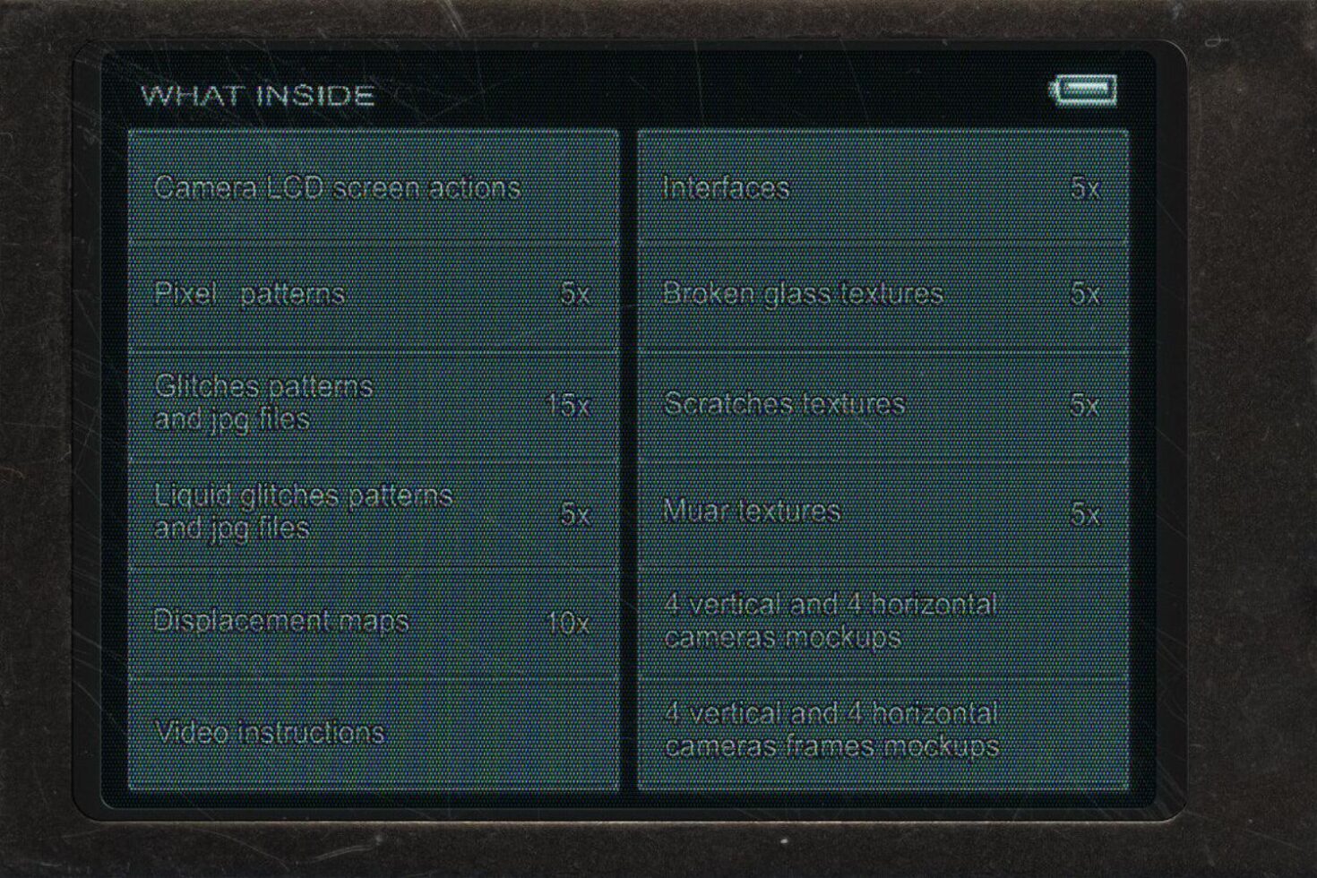 Digital asset kit featuring textures, patterns, mockups, and more for designers. Includes displacement maps, glitches, and camera screen actions.