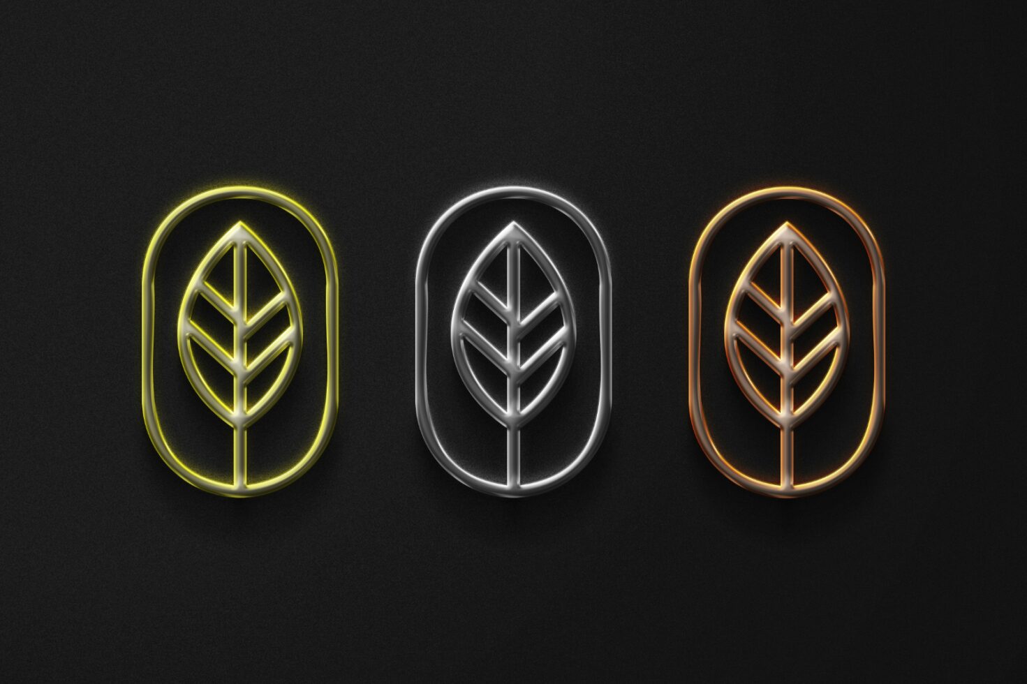 Three neon leaf icons in yellow, silver, and orange on a black background for digital design assets. Ideal for graphics, templates, and eco-themed mockups.