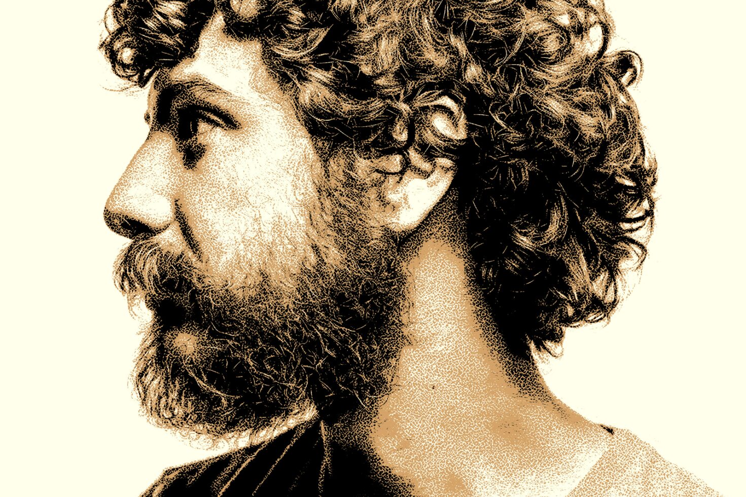 Illustration of a man with curly hair and beard in a halftone style profile view; ideal for graphic designers seeking unique texture effects.