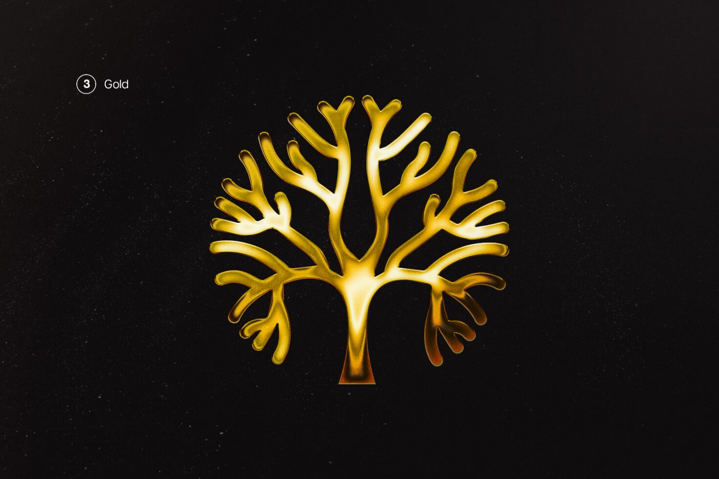 A 3D gold tree graphic with intricate branches on a black background; perfect for design templates or nature-themed graphic projects.