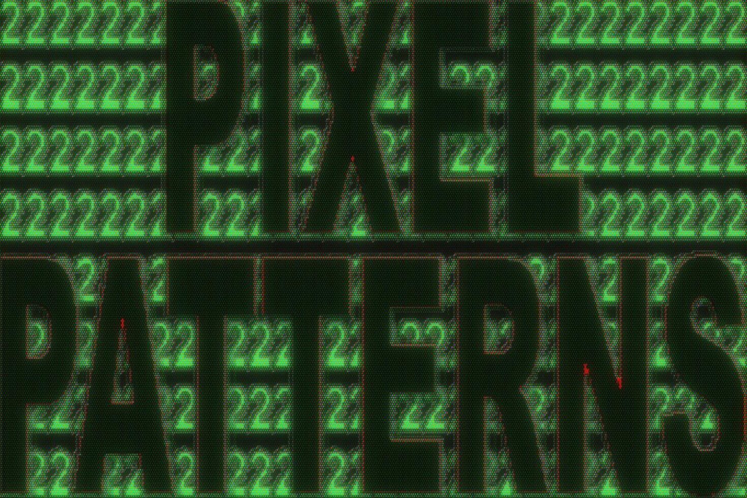 Digital pixel pattern background with bold text Pixel Patterns overlay in glitch green ideal for digital design templates and graphic projects.