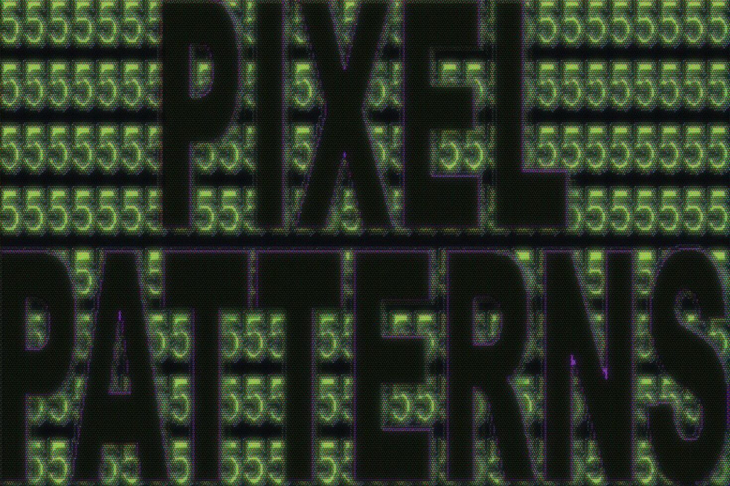 Pixel Patterns digital design showcasing pixelated green text over a patterned backdrop ideal for graphics designers and creative projects.