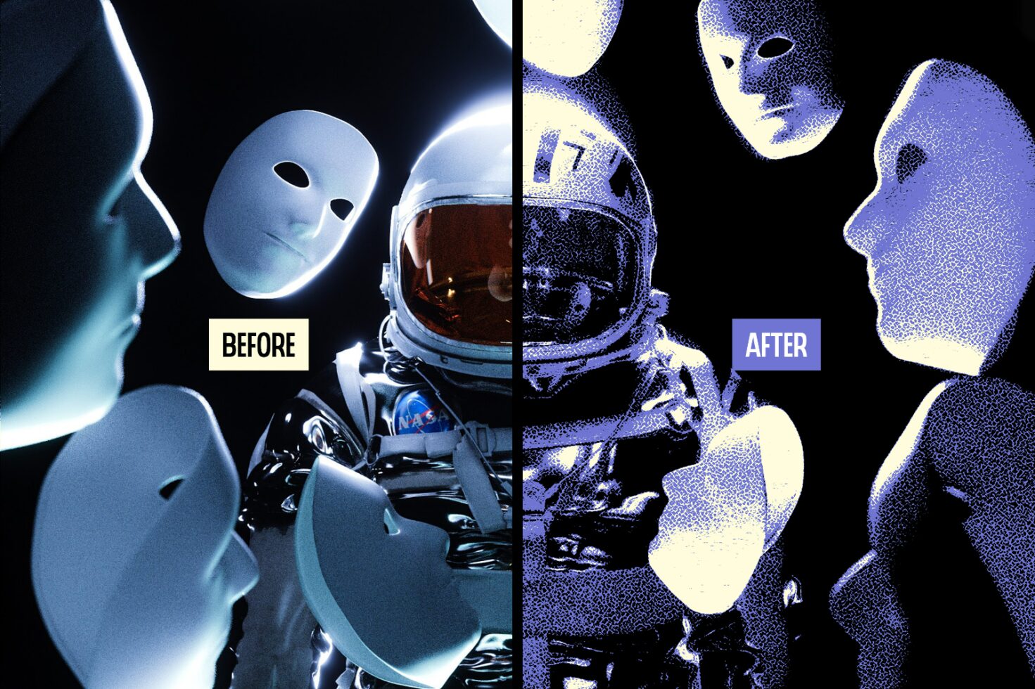 Split image of astronaut and masks before and after effect. Digital graphics template for designers. Ideal for creative mockup projects and illustrators.