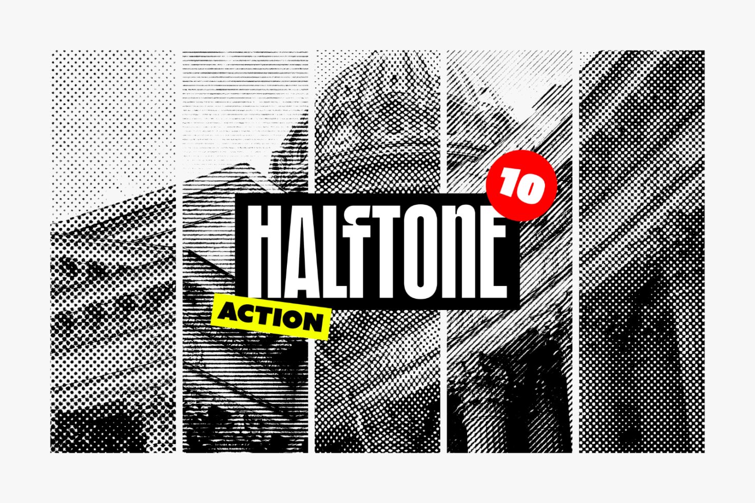 Halftone Action graphic template with bold text overlay on vintage comic style background suitable for designers creating unique digital design assets.