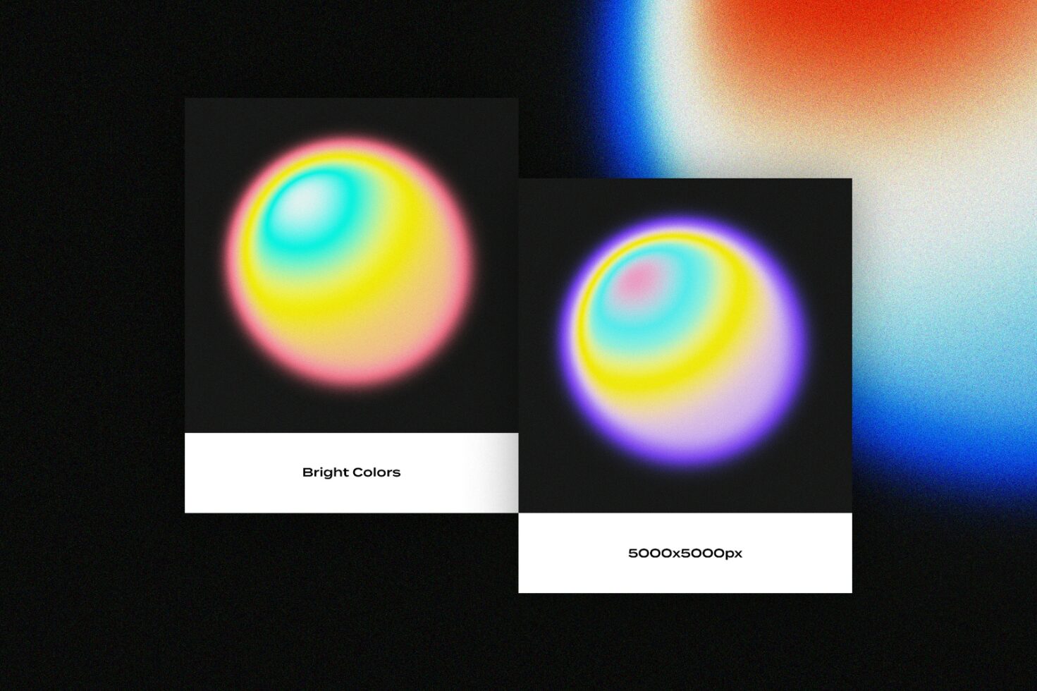 Abstract gradient graphics with vibrant colors in circular patterns against a dark background ideal for digital designs. 5000x5000px resolution.