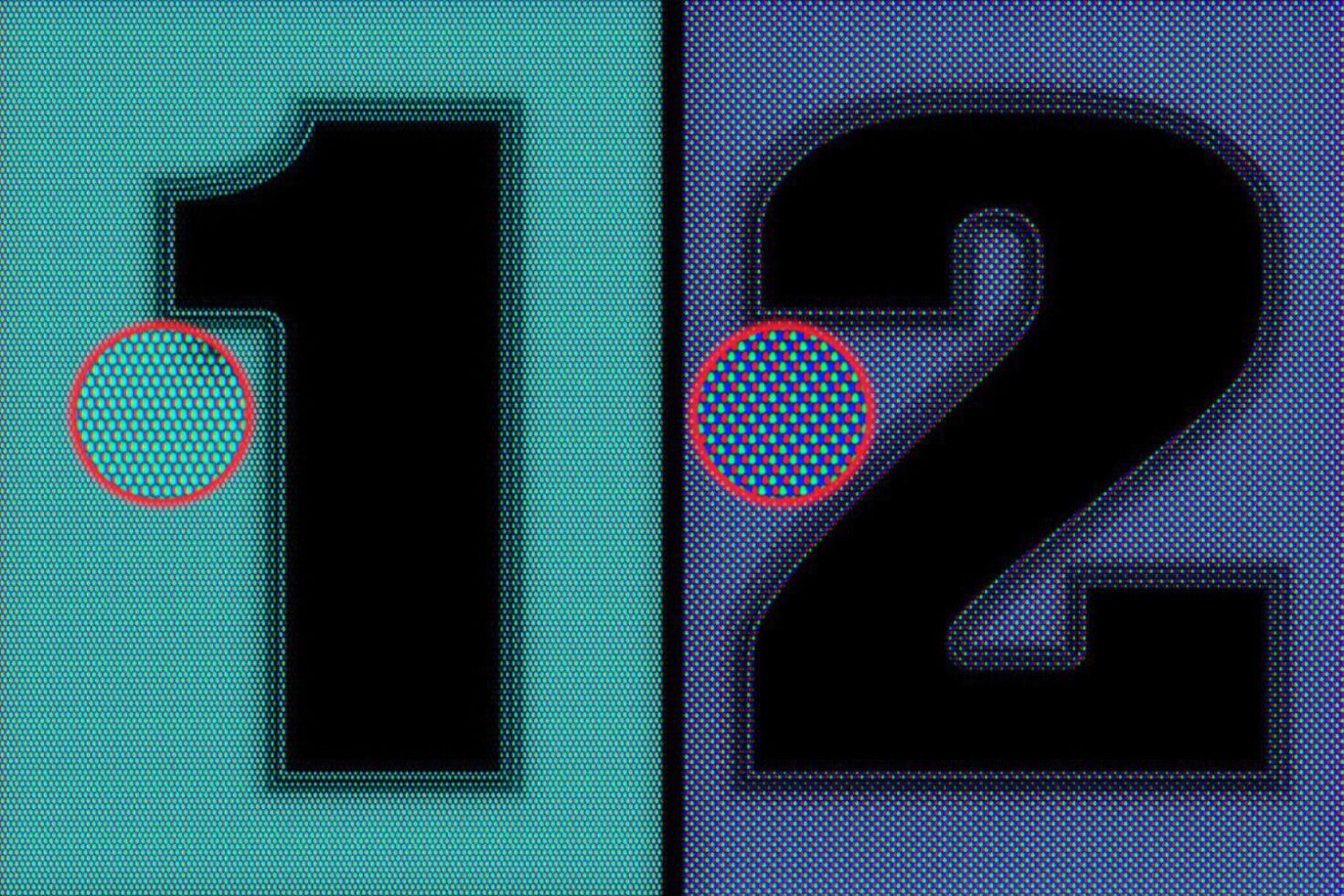 Digital halftone effect numbers 1 and 2 in bold typography. Vibrant blue teal background. Perfect for graphic designers seeking high-quality font templates.