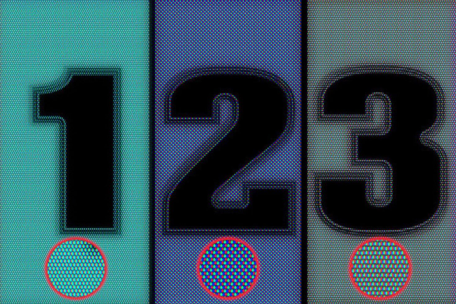 Close-up of halftone graphic displaying numbers 1 2 3 with vibrant colors and pixel details perfect for designers focusing on digital typography templates.