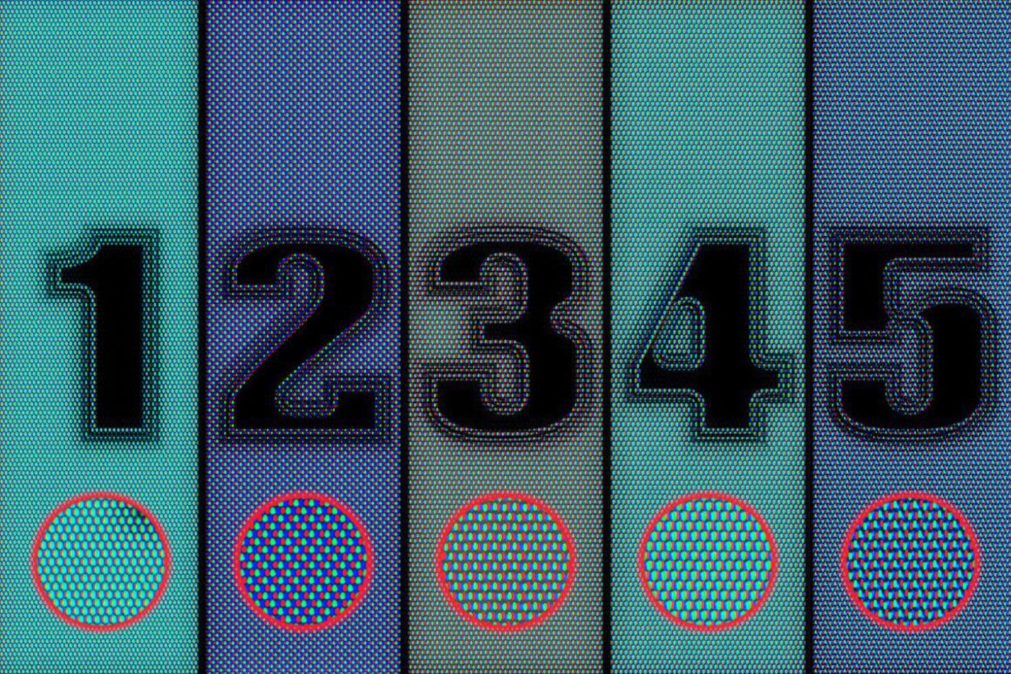 Vibrant abstract design featuring numbers 1 to 5 with circular halftone patterns. Ideal for digital art, backgrounds, or templates in graphic design.