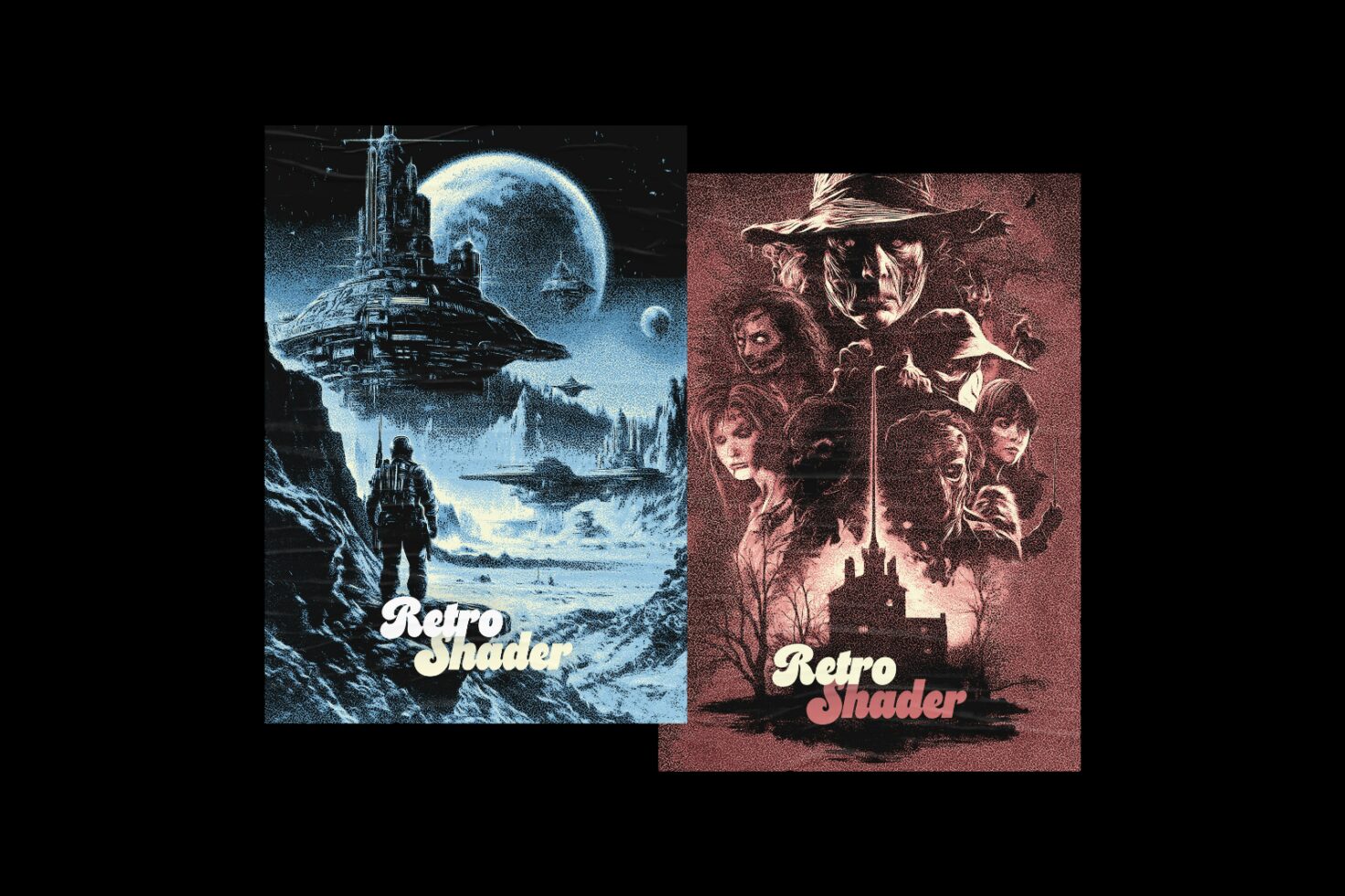 Retro Shader posters featuring sci-fi and horror themes with vintage style illustration. Ideal for design assets in graphics and templates. Vintage art.