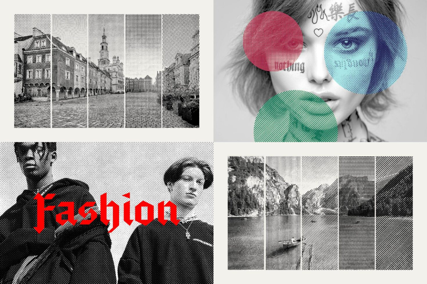 Halftone graphic collage featuring urban and natural landscapes and portrait elements, ideal for designers. Keywords: graphic design, collage, halftone, template.