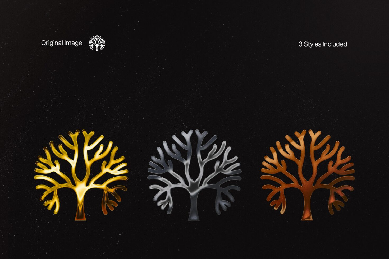 Three metallic tree icons in gold, silver, and bronze on a dark background. Perfect for graphics, templates, and mockups in design projects.