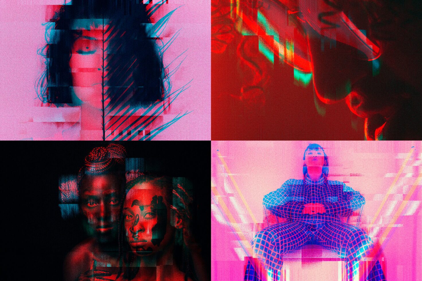 Digital glitch effect collage featuring abstract portraits in vibrant red and pink hues suitable for graphic design projects and creative mockups.