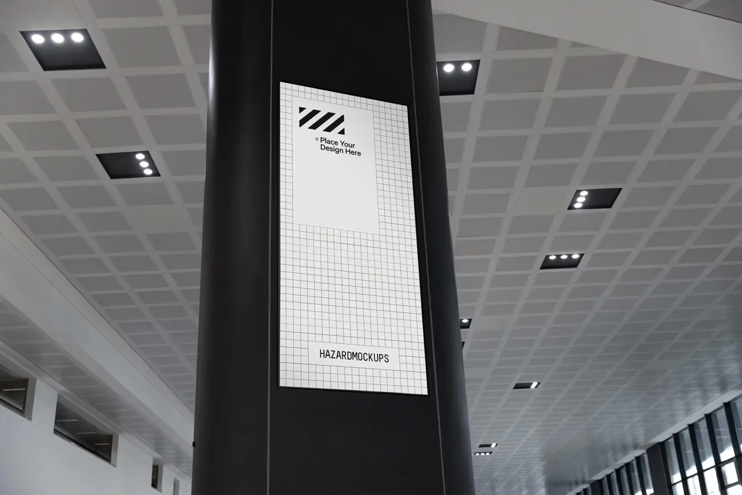 Vertical digital billboard mockup in a modern airport interior for showcasing graphic designs and templates. Ideal for designers seeking realistic displays.