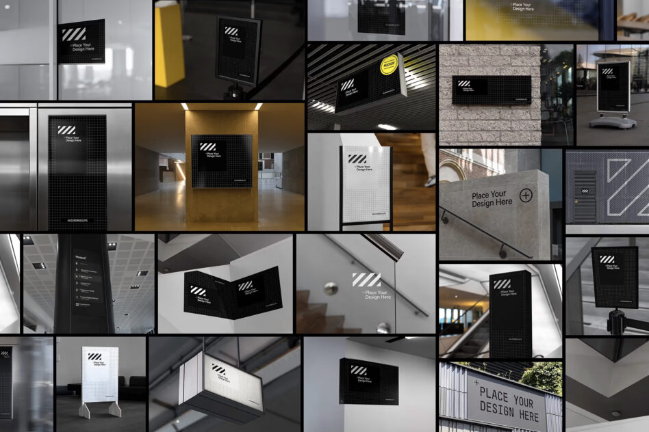 Mockup grid of various black and white poster displays in indoor and outdoor settings perfect for designers looking to visualize branding and advertising concepts.