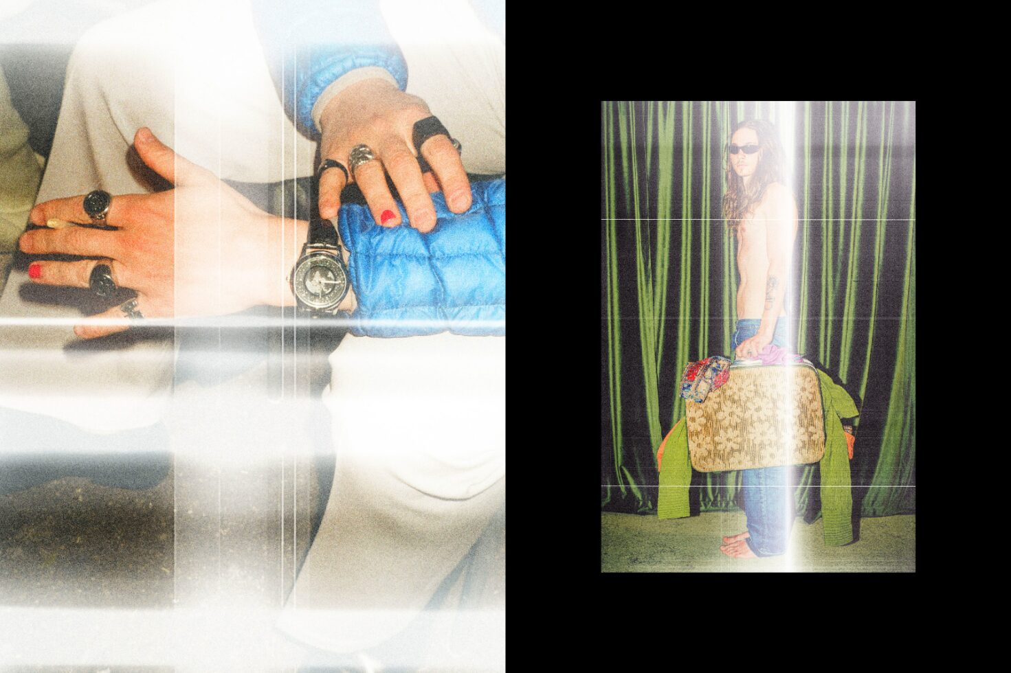 Designer assets; dual-image aesthetic; left: close-up hands with rings and watch; right: person with suitcase; retro vibe; suitable for graphics.