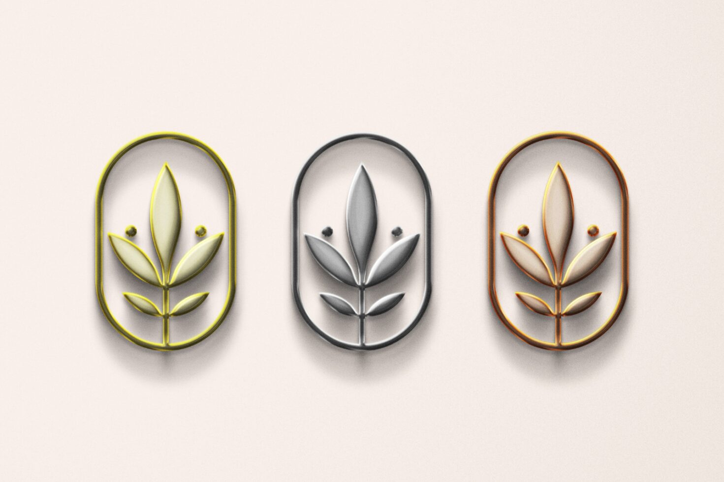 Three metallic leaf logo designs in gold silver and bronze on a light background perfect for branding and design mockups digital assets for designers.