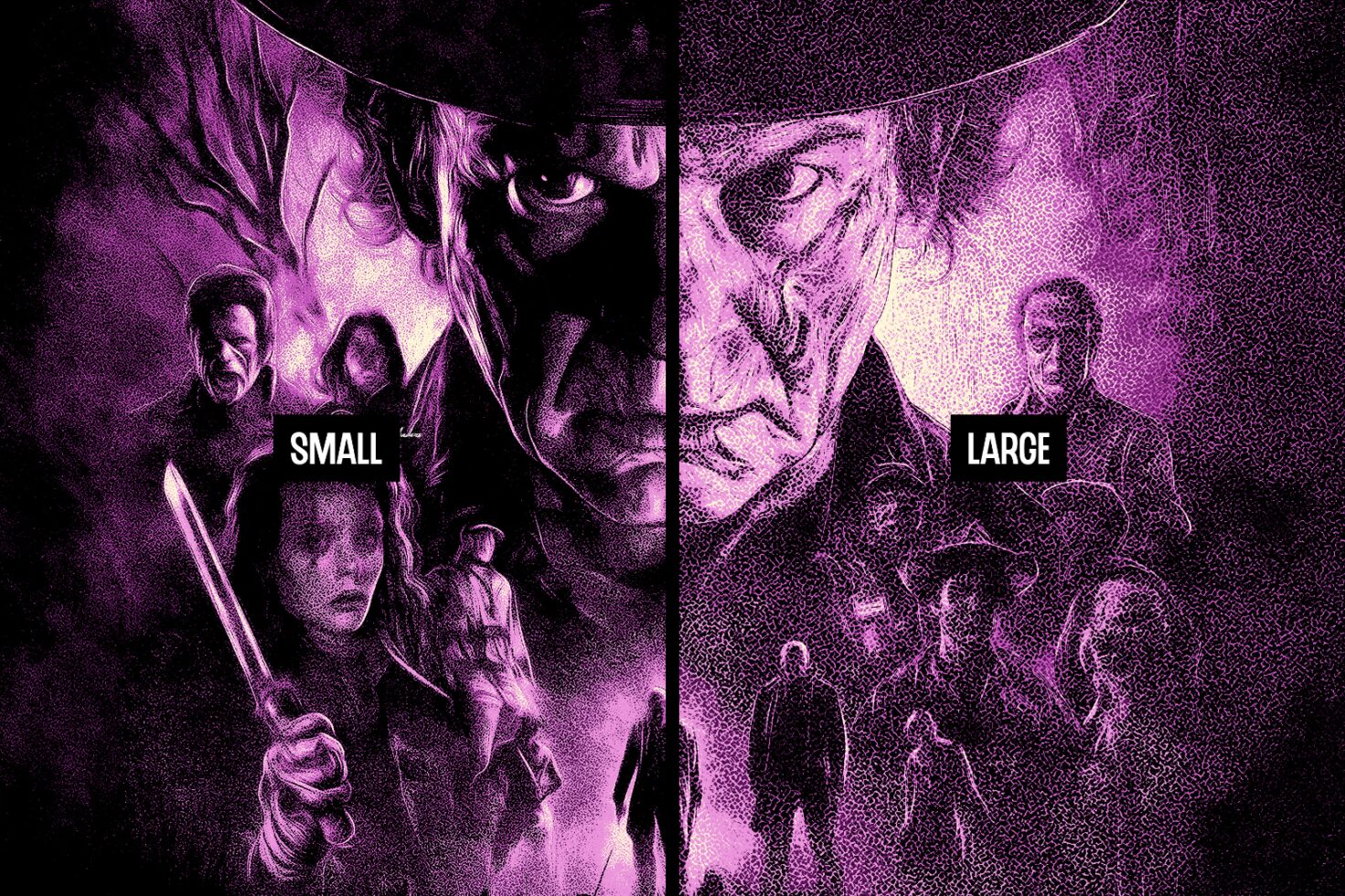 Dark themed graphic design portraying intense characters divided into two panels, labeled small and large, suitable for horror or thriller project templates.