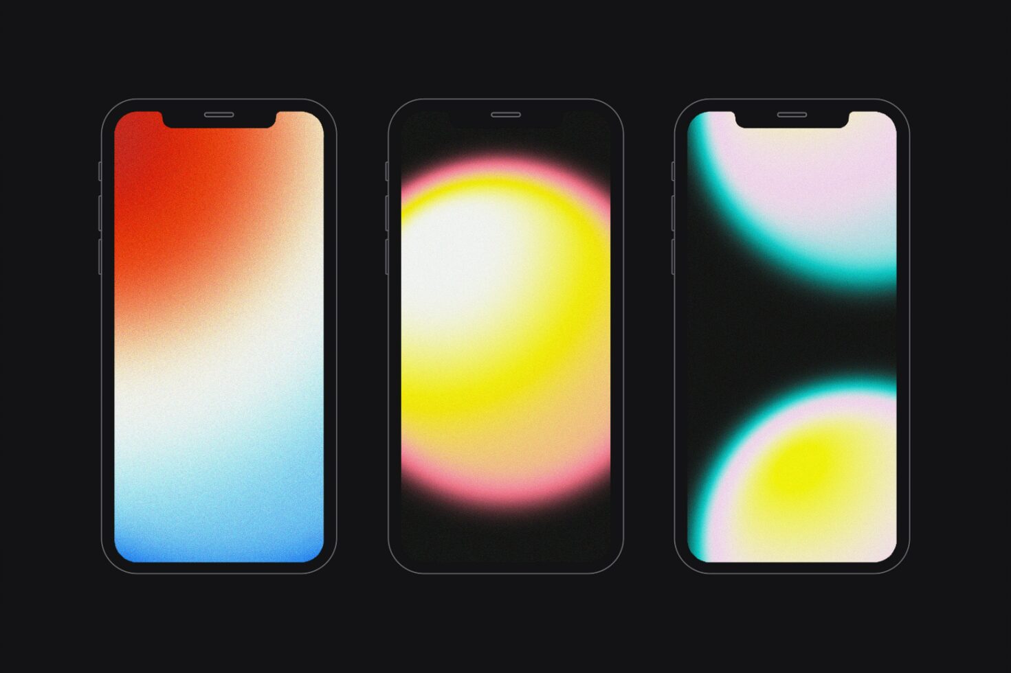 Mobile phone mockup trio showcasing vibrant gradient backgrounds in red, yellow, and blue tones. Ideal for graphic design projects and presentations.