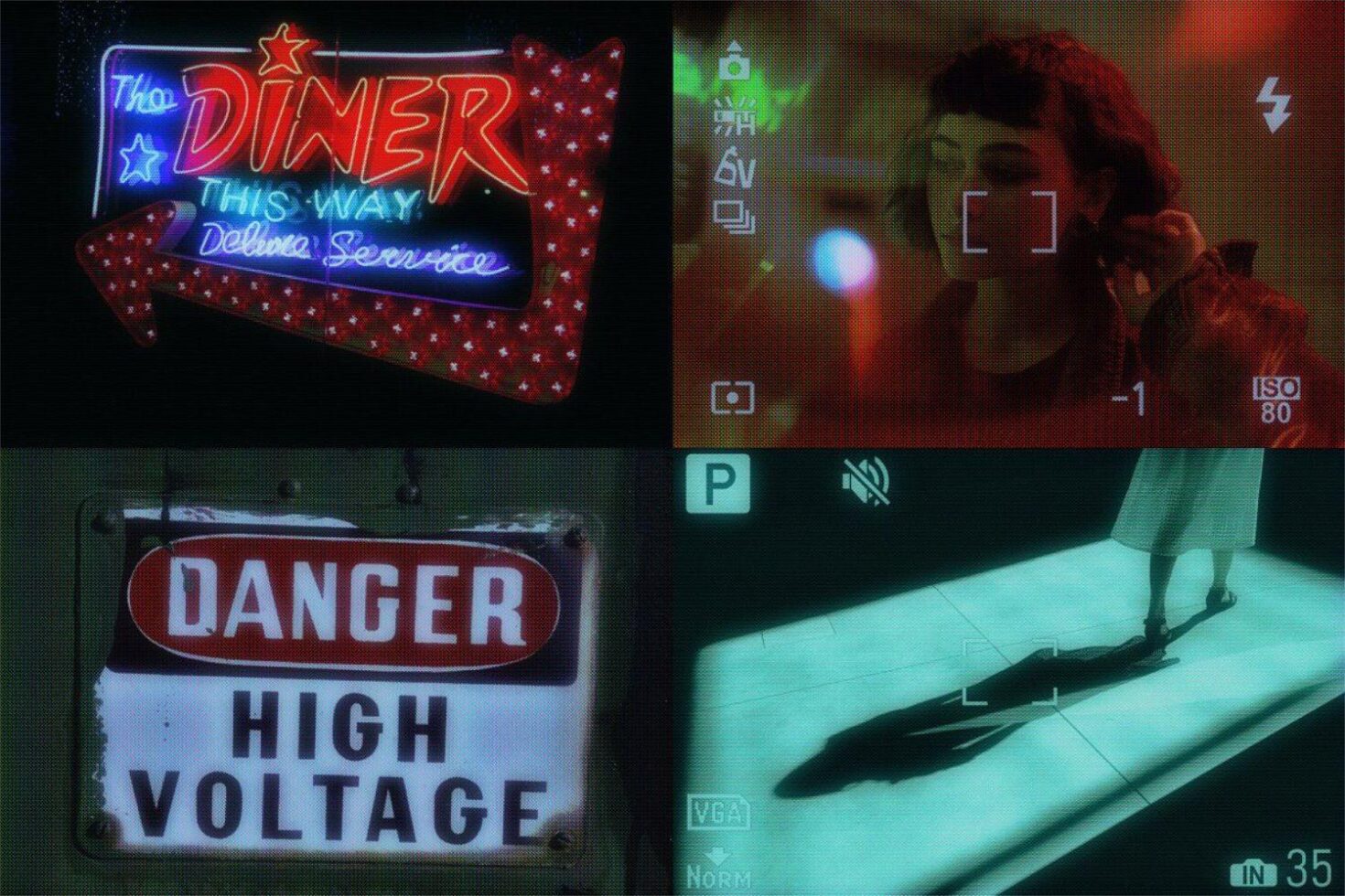 Image collage with neon diner sign, camera display interface, danger high voltage sign, and silhouette reflection. Ideal for graphics designers and templates.