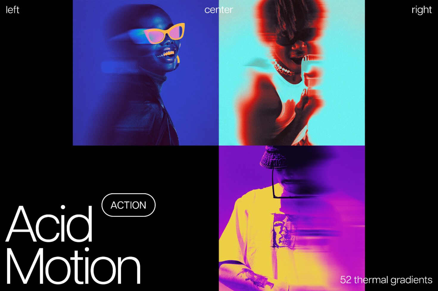 Vibrant Photoshop action for designers featuring bold color shifts and thermal gradients. Ideal for creating striking visuals with dynamic effects.