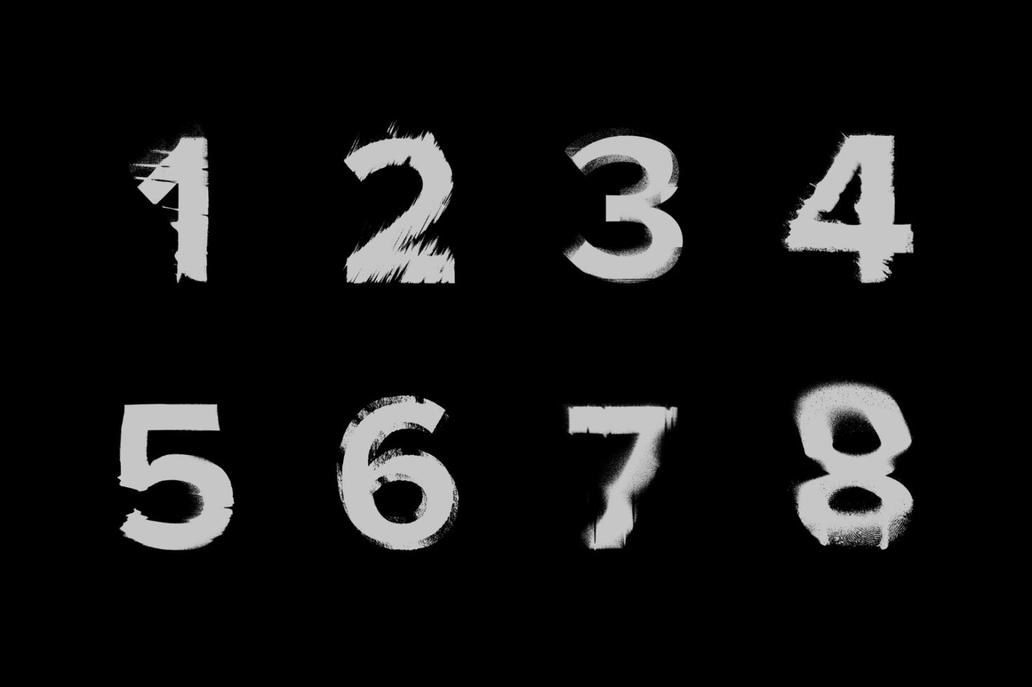 Set of grunge stencil-style numbers from 1 to 8 on a black background ideal for typography projects fonts and graphic design resources for designers.