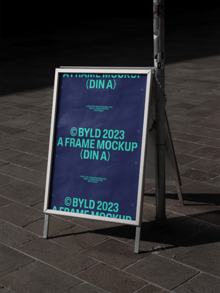 A-frame mockup on urban sidewalk showcasing blue digital poster ideal for designers. Perfect for presenting graphics in outdoor settings.